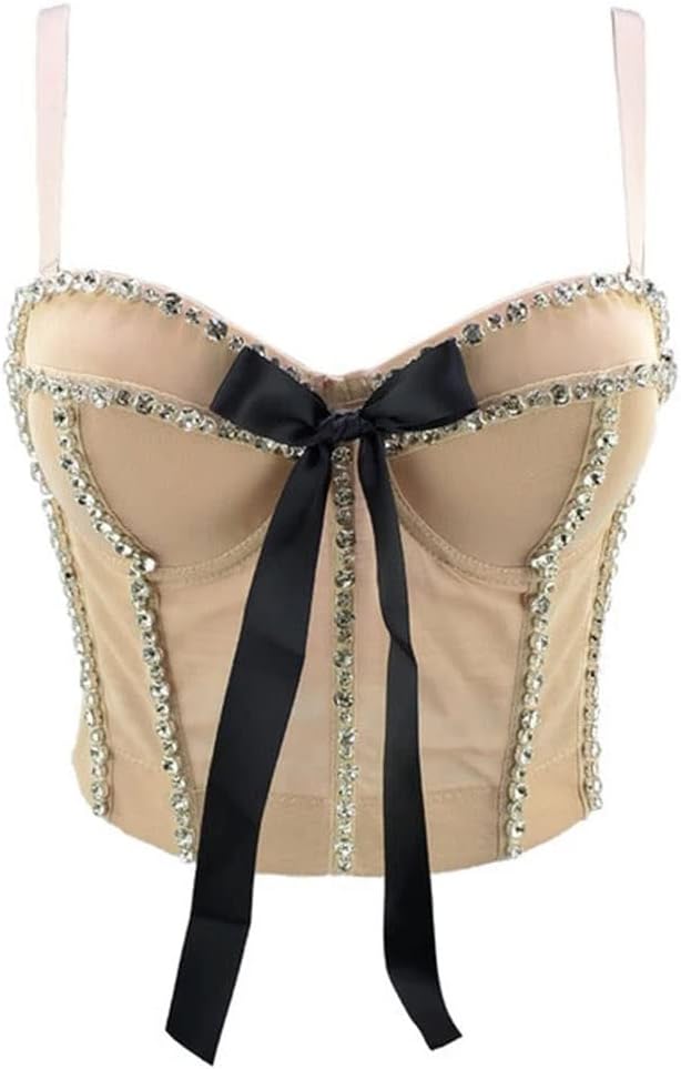 Bow Rhinestone Top Built in Bra Cropped Night Club Party Off Shoulder Crop Push Up Bustier Cups