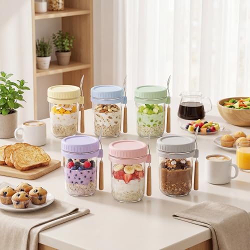 Image of 16oz Glass Overnight Oats Containers with Lids and Spoons, 4 Pack Purple