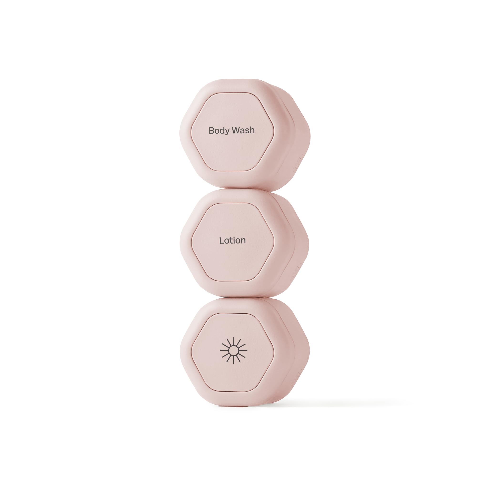 Cadence Travel Containers - Body Care Capsule Set - Magnetic Containers with Lids,Carry On Travel Essentials for Women/Men - 3 Flex Mediums (1.32oz) - Body Wash, Lotion & Sun Icon Labels - Petal