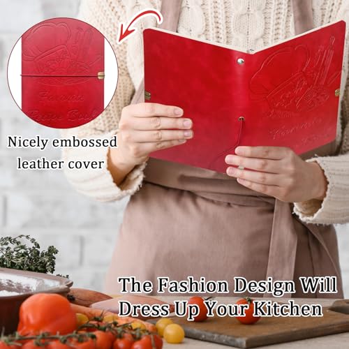 Image of leeveel Blank Recipe Book to Write in Your Own Recipes, 5.6 X 8.2 Recipe Ring Binder with PU Leather Cover, Recipe Journal with 160 Recipes (red)