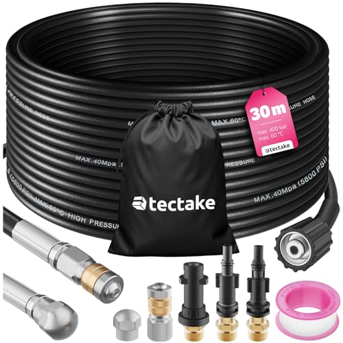tectake® Set de Tuyau fléxible 30m pour nettoyeurs haute-pression Déboucheur canalisation Déboucheur Evier WC Douche avec 2 buses & 3 adaptateurs,...