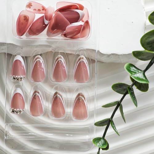 Image of White French Tip Press on Nails Short Almond Fake Nails Flower False Nail with Rhinestone Design Gold Glitter Glue on Nails Glossy Acrylic Nail Full Cover Nude Stick on Nail for Women Manicure 24Pcs