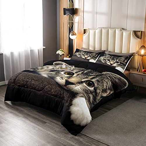 Feelyou Cats Comforter Set 3D Animals Pattern Bedding Set For Kids Boys Girls Pet Cat Kitten Decor Comforter Brown Grey Quilt Set Room 3Pcs Queen Size #TOP19
