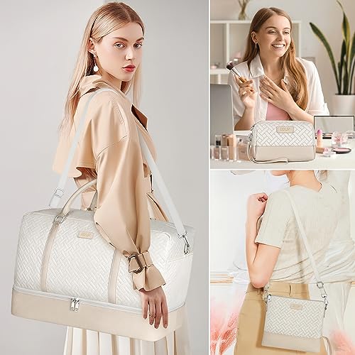 Image of Weekender Bags for Women with Shoe Compartment 3Pcs Overnight Bag 21 inch Travel Duffel Bag Carry on Tote with Trolley Sleeve for Men Travel /Business /Gift, A6-Polyester-Beige, Large