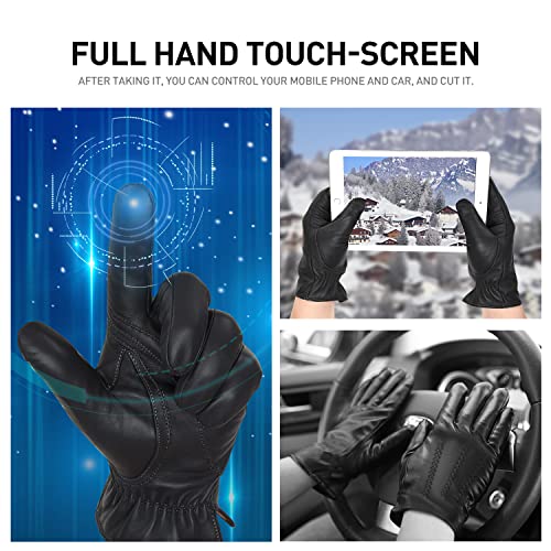 Bison Denim Winter Genuine Sheepskin Leather Gloves For Men, Touchscreen Texting Warm Cashmere Lined Gloves For Driving (Black-B,Large) #TOP3