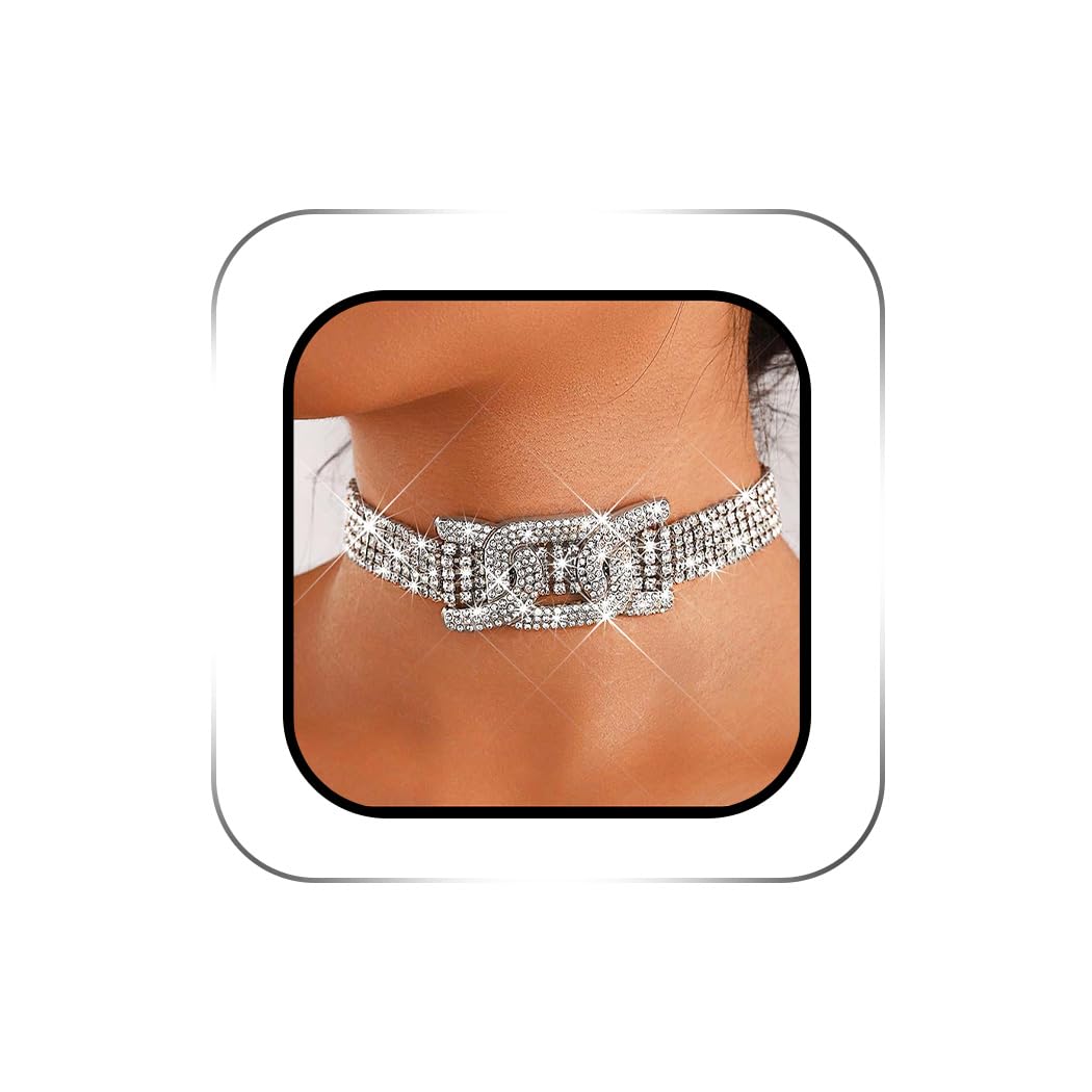 ACEDRE Rhinestone Row Choker Necklace Jewelry Silver Sparkly Crystal Chokers Chain Party Prom Neck Accessories for Women