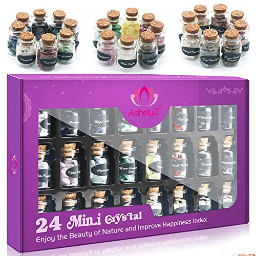 Crystals and Healing Stones Witchy Decor Gift Set | Healing Crystals for Witch Beginners | Witchcraft Supplies | 24 Mini Gemstone Bottles Crystal Chakra Healing Gem Stones Set