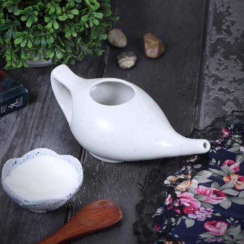 Image of QIMACPLUS Leak-Proof Durable Ceramic Jal Neti Pot | Non-Metallic, Lead-Free, Microwave & Dishwasher Safe with Comfortable Grip | 1 PCS (Marble - 220 ML)