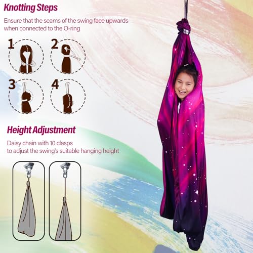 Sensory Swing for Kids & Adults Holds up to 300lbs Indoor & Outdoor Double Layer Therapy Cuddle Swing with 360° Swivel Hanger Kit for Calming, Effect for Autism, ADHD or SPD. (Galaxy Purple) - Image 7