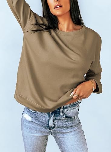 Dokotoo Women's Ladies Long Sleeve Crewneck Sweatshirt Side Split Loose Fit Solid Basic Pullover Tunic Shirts Tops Sweatshirts For Teen Girls 2021 Fashion Fall Khaki Medium #TOP2