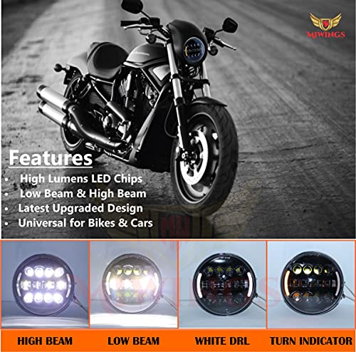 Image of Miwings 7 inch Round LED Stylish HC8CB4HID Hi /Low Beam Headlight 75W H4 Compatible with Royal Enfield, Jeep, Thar, motorcycle, Cars, Harley Davidson (Color Amber & White) (Pack of 1)