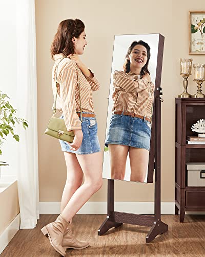 Image of SONGMICS Jewelry Cabinet Armoire, Freestanding Lockable Storage Organizer Unit with 2 Plastic Cosmetic Storage, Full-Length Frameless Mirror, for Necklace Earring, Brown UJJC002K01