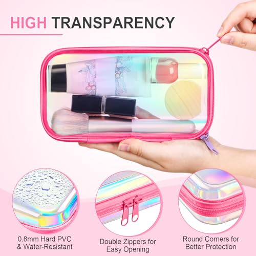 Image of Hoolerry 4 Pcs Hard Clear Zipper Case Makeup Bags Plastic Zipper Pouch Transparent Storage Box Containers for Cosmetics, Snacks, Building Blocks, Puzzles(Clear,7.5 x 3.9 x 2 in,Pink Laser)
