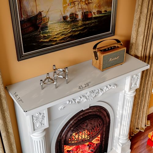Image of 45 Inch Electric Fireplace with Mantel, Solid Wood Fireplace TV Stand, Roman Column Fireplace Entertainment Center, Electric Fireplace Heater with Bronze Birdcage Insert for Living Room, White