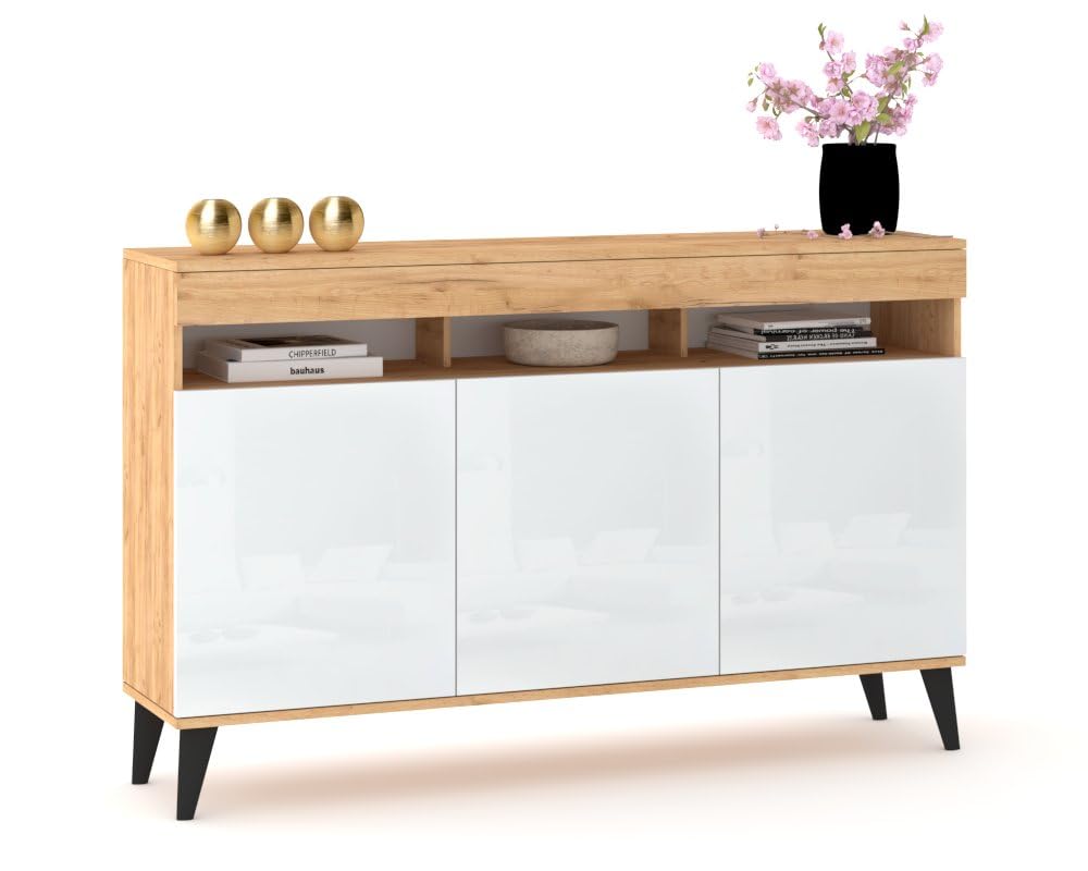 Euro Style Große Kommode Fernsehschrank Sideboard 120cm Skandi Golden Eiche/Weiß Hochglanz