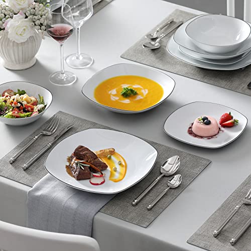 Image of MALACASA Dinnerware Sets, 24 Piece Porcelain Square Dishes, White with Black Rim Plates and Bowls Sets, Ceramic Dish Set for 6, Chip Resistant Dishware Sets, Series ELISA