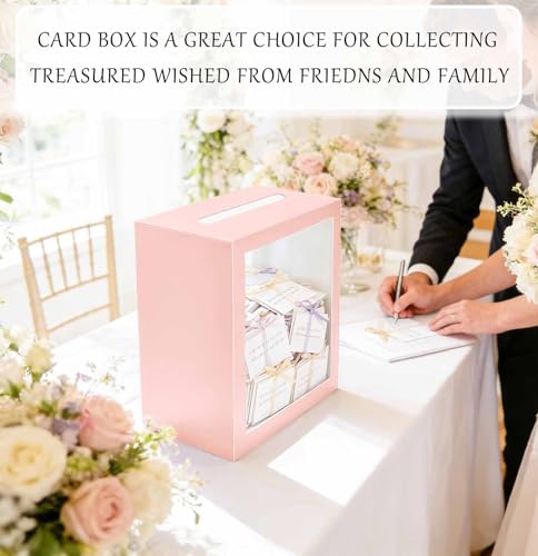 Image of SietDESEO Pink Card Box for Party with Clear Window Large Gift Card Box Holder for Wedding Reception Birthday Graduation Baby Shower Raffle Ticket Box