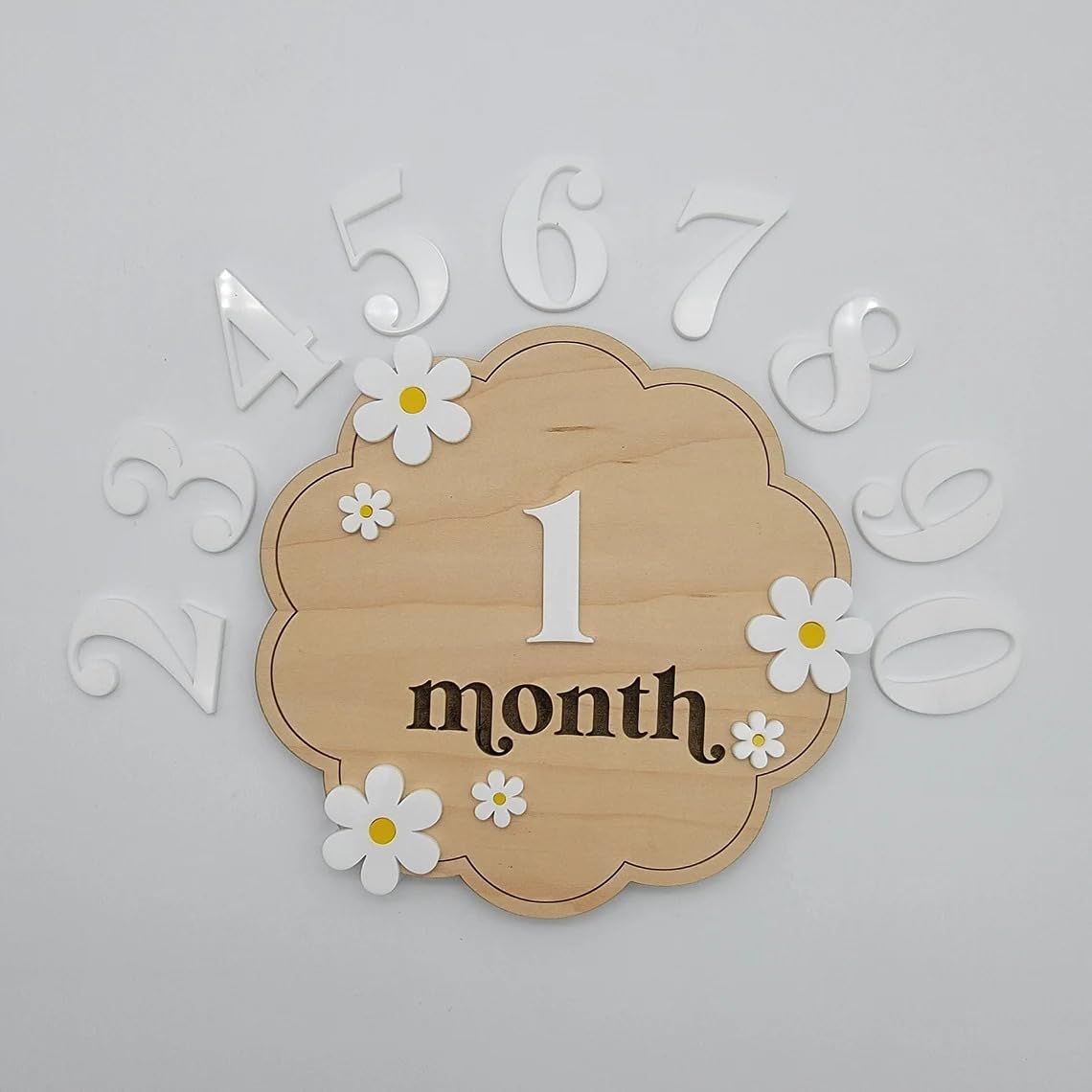 Curious Button Wooden Baby Milestone Cards with Daisy Accents,2 Disc. (Month & Months-12 Numbers) Milestone Props for Babies Photo, Baby Photoshoot Accessories,Monthly Baby Milestone Marker 12