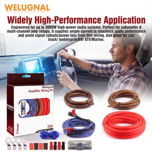 Image of 0 Gauge Amplifier Wiring Kit 3000W,Complete Car Audio Install kit with 17FT 0 AWG CCA Power Cable,RCA Cable & Speaker Wire,100A Fuse Holder,OFC Ground | for Subwoofer Amp Installation