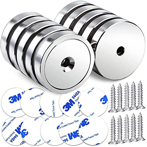 LOVIMAG Neodymium Cup Magnets,110LBS Holding Force Strong Rare Earth Magnets with Heavy Duty Countersunk Hole and Double Sided Adhensive&Stainless Screws for Refrigerator Magnets,Office etc,Pack of 10