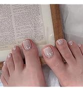 Short Press on Toenails Nude Square Fake Toenails with Glitter Designs for Women 24 Pcs