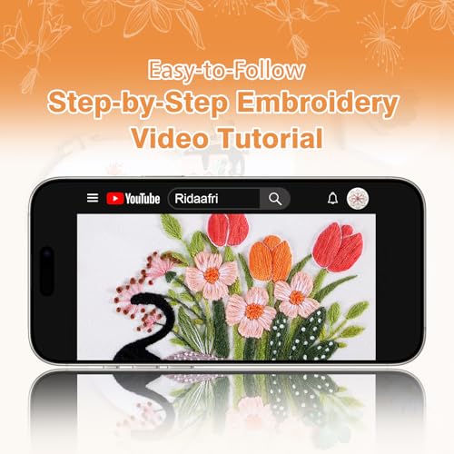 Image of RidaaFri Embroidery Kit for Beginners, Set of 3 Stamped DIY Kits with Cat, Floral, Plant Patterns for Adults, Includes Hoop, Needles, Floss, Step-by-Step Video Tutorial, Complete Sewing Craft Supplies