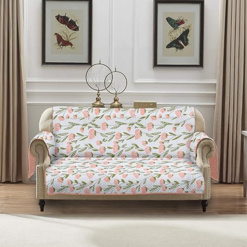 Image of Amazon Basics Printed Quilted Reversible Sofa Topper | 2 Seater | Dual-Tone Design | 120Cm X 175Cm | 325 GSM | Color - Green-Pink, Polyester Blend