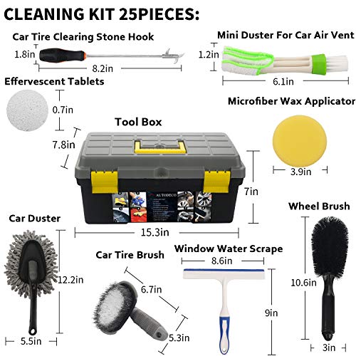 AUTODECO 25Pcs Microfibre Car Wash Cleaning Tools Set Gloves Towels Applicator Pads Sponge Car Care Kit Wheel Brush Car Cleaning Kit with Storage Box Black Grey Yellow Handle