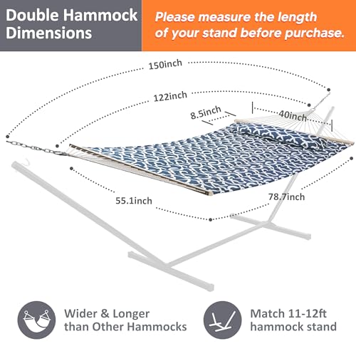 Image of SUNCREAT Double Tree Hammock with Hardwood Spreader Bar, Extra Large Soft Pillow, Heavy Duty Hanging Hammock for Indoor, Outdoor, Blue Pattern