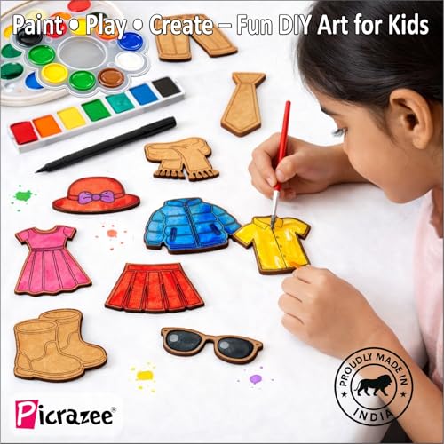 Image of Picrazee DIY Kit for Kids & Adults - What We Wear Fridge Magnet Painting Kit (10 Designs) | Ready-to-Paint 5.5 mm Thick Wooden DIY Craft Kit with Colors, Brushes & Magnets | Screen-Free Activity (What we Wear)