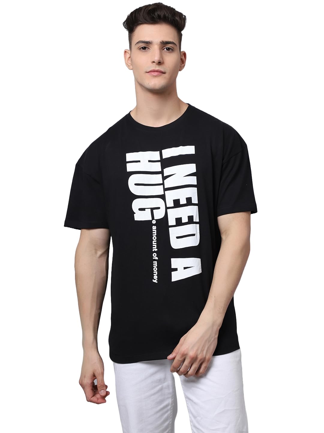 door74 Men Black I Need a Hug Printed Pure Cotton Oversized T-Shirt-picture-20