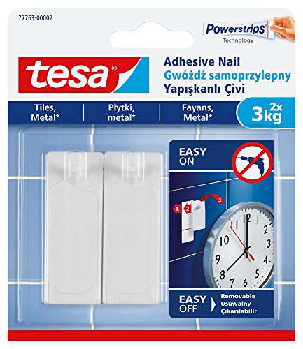 tesa® Fliesen- & Metallklebenagel 3 kg – selbstklebender Nagel für glatte und feste Oberflächen in Bad und Küche – 2 Klebenägel mit 3 kg Fassungsvermögen