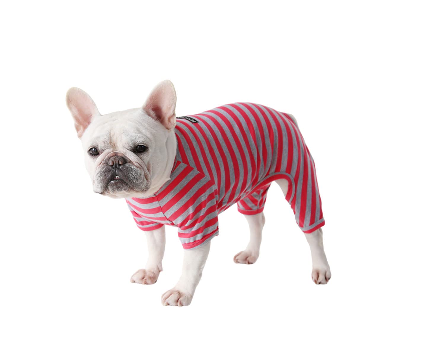 BT Bear Fat Dog Clothes,Dog Classic Striped Pajamas Soft Cotton Jumpsuit Bulldog Onesies Costume for Puppy Small Dogs (XS,Red Grey)
