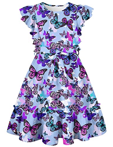 Funnycokid Girls Ruffle Sleeve Dress Kids Summer Clothes Flutter Hem Sundress Outfit with Belt 6-13 Years