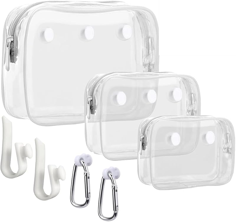 Everfunny Conjunto com 3 necessaires transparentes de PVC para viagem, com 2 ganchos de encaixe para bolsas Bogg
