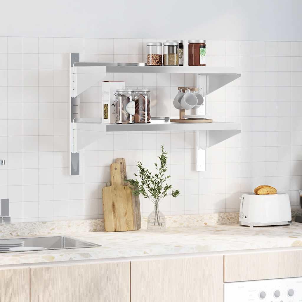 Estantería de pared de acero inoxidable, 2 estantes, 75 x 40 x 60 cm, para gastronomía, garaje y laboratorio, soporta hasta 50 kg, con accesorios de montaje