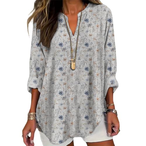 HOTYD Women's Boho Floral Print Plus Size T Shirts for Women Long Sleeve V Neck Dressy Tops Summer Ladies Tunic Blouses