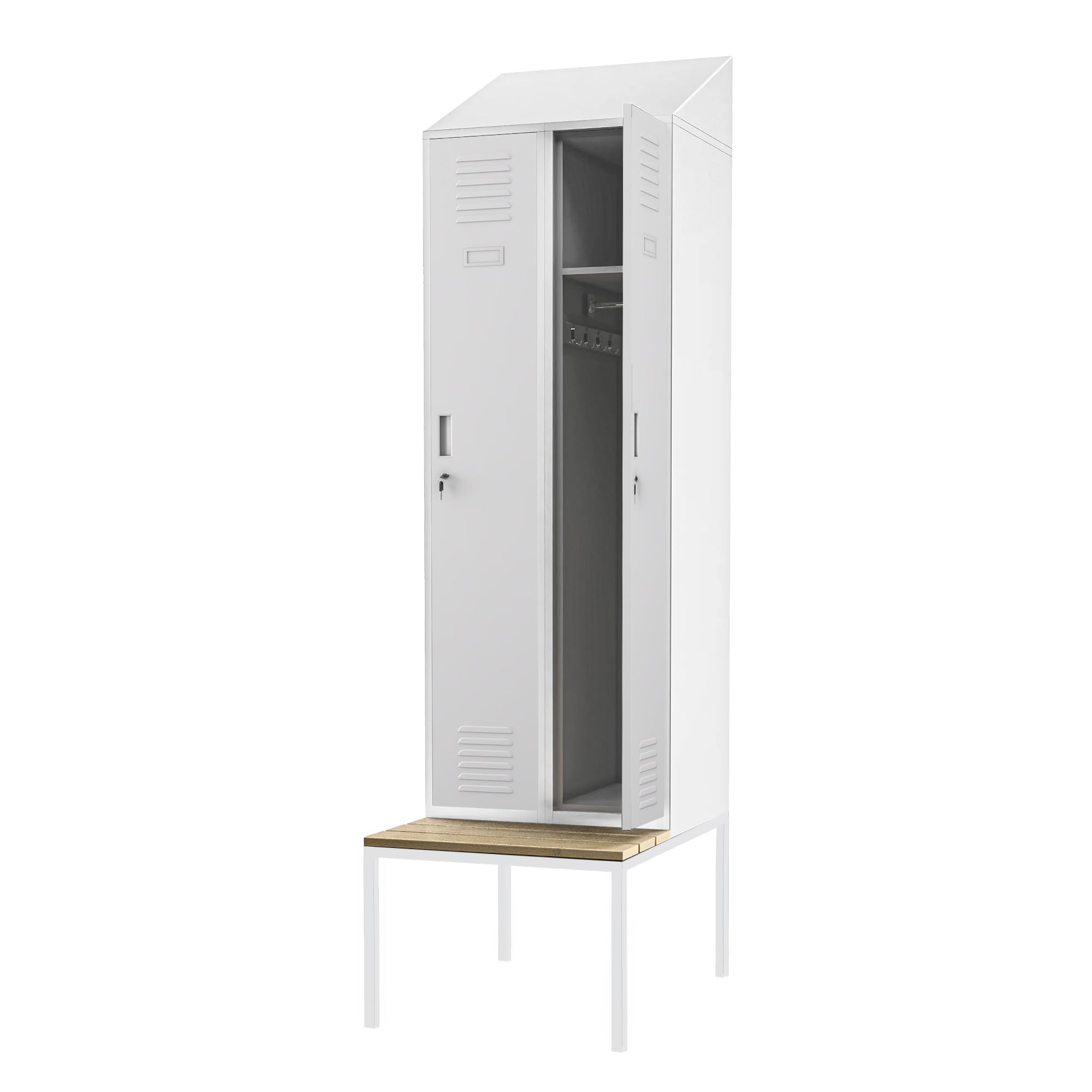 Jan Nowak Spind Metall mit Sitzbank Doppelspind abschließbar Sozialraumschrank Spindschrank Schließfachschrank Umkleideschrank mit 2 Abteilen für Betrieb Schule Fitness 229,5 x 85 x 60 cm