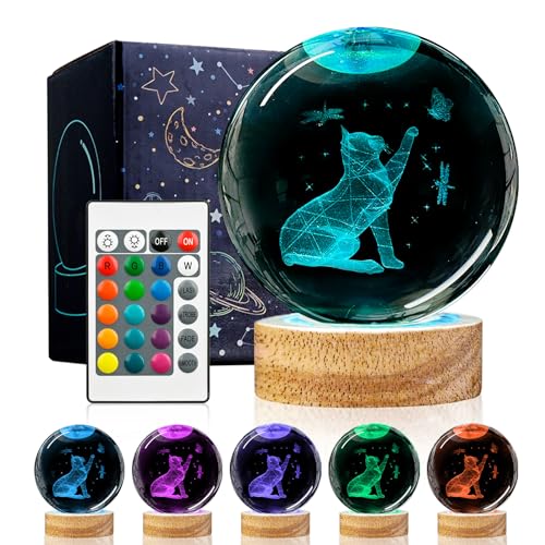 Image of 3D Cat Crystal Ball Night Light Cat Lover Gifts for Women Upgraded 3.15 In Cat Figurines Glass Ball Home Decor Lamps with 16 Color Cat Collectibles Snow Globes Gift for Girl Cat Lamp for Her Mom