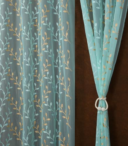 Image of Fabrilia Sheer Tissue Embroidery Curtain for Living Room, Bedroom & Dining Area | Leaf Vine Pattern Net Eyelet Curtain | Aqua with Gold Touch Design | 7 feet Long Set of 2 Curtain