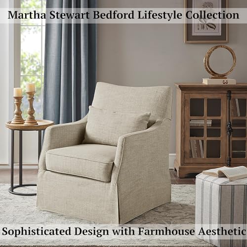 Martha-Stewart-London-Swivel-Chair-Solid-Wood-Plywood-Skirted-Metal-Base-Accent-Armchair-Lumbar-Pillow-Modern-Classic-Family-Room-Sofa-Furniture-Bedroom-Lounge-28X315X3525-Beige-Multi Martha Stewart London Swivel Chair Solid Wood Plywood Skirted Metal Base Accent Armchair Lumbar Pillow Modern Classic Family Room Sofa Furniture Bedroom Lounge 28X315X3525 Beige Multi