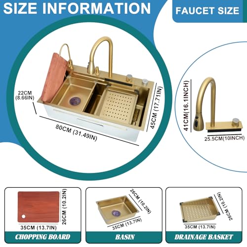 WIQUYBML Gold Waterfall Kitchen Sink - Nano Stainless Steel Single Bowl with Golden Pull-Out Faucet, Full Accessory Kit, Multifunctional Workstation for Modern Kitchens(80x45cm) - Image 5