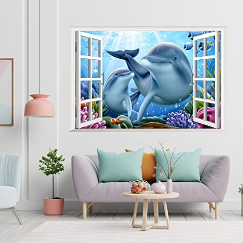 3D Sea World Fake Window Sticker, Dolphin Sea Turtle Tropical Fish Sea Life Wall Decals, Peel And Stick Removable Window Decoration, Boys And Girls Bedroom Living Room Wall Decor,23.6”×35.4'' #TOP5