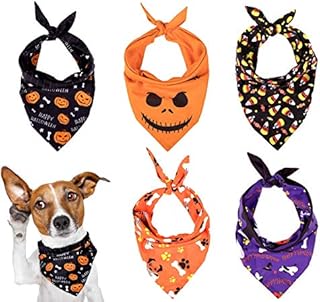 Whaline 5 Pack Halloween Dog Bandanas, Triangle Pet Scarfs Washable Pet Neckerchief Dog Bibs, Pumpkin, Ghost, Candy Corn and Bones Pet Bandanas