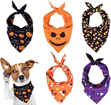 Whaline 5 Pack Halloween Dog Bandanas, Triangle Pet Scarfs Washable Pet Neckerchief Dog Bibs, Pumpkin, Ghost, Candy Corn and Bones Pet Bandanas