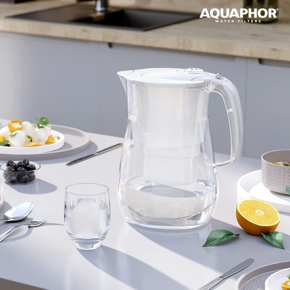 AQUAPHOR Onyx White Water Filter Jug - Counter Top Design with 4.2L Capacity, 1 X MAXFOR+ Filter Included Reduces Limescale Chlorine & Microplastics Perfect for Families, Premium Quality Glass Effect