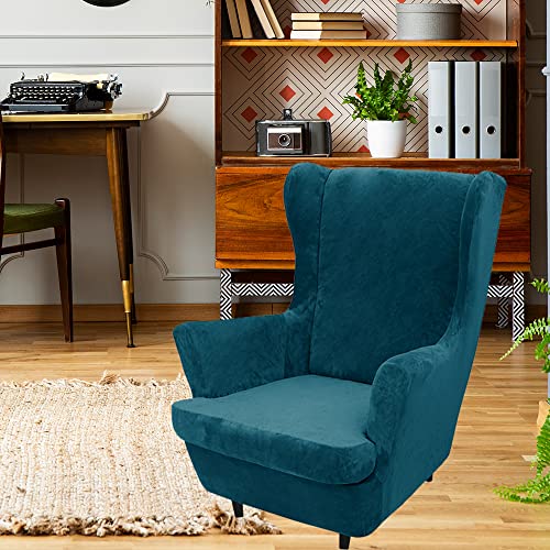 Eivmax Green Velvet Wingback Chair Slipcover 2-Piece Stretch Wing Chair Covers Armchair Slipcover With Elastic Bottom Washable Furniture Protector For Living Room (Green) #TOP3