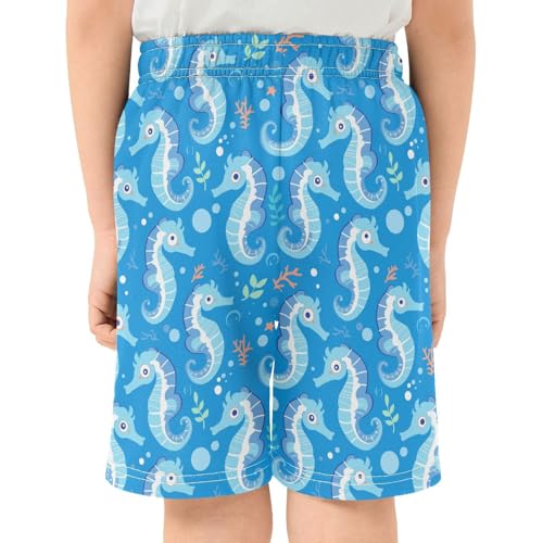 Boys Athletic Shorts with Pockets Blue Cartoon Seahorse Running Basketball Shorts for Youth Elastic Waist Size 7-8 5