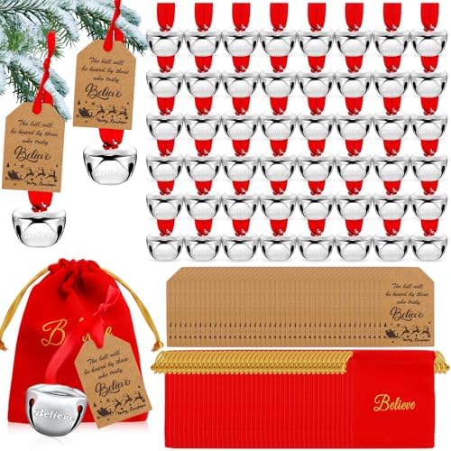 100 pcs Christmas Believe Bell Ornaments,Xmas Party Gifts Favors Tags Silver Sleigh Jingle Bells Christmas Decorations (100 pcs)