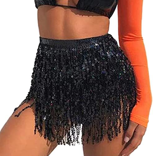 Mayelia Rave Skirt Fringe Skirt Sequin Tassel Skirt Belly Dance Hip Scarf Rave Outfit for Women and Girls